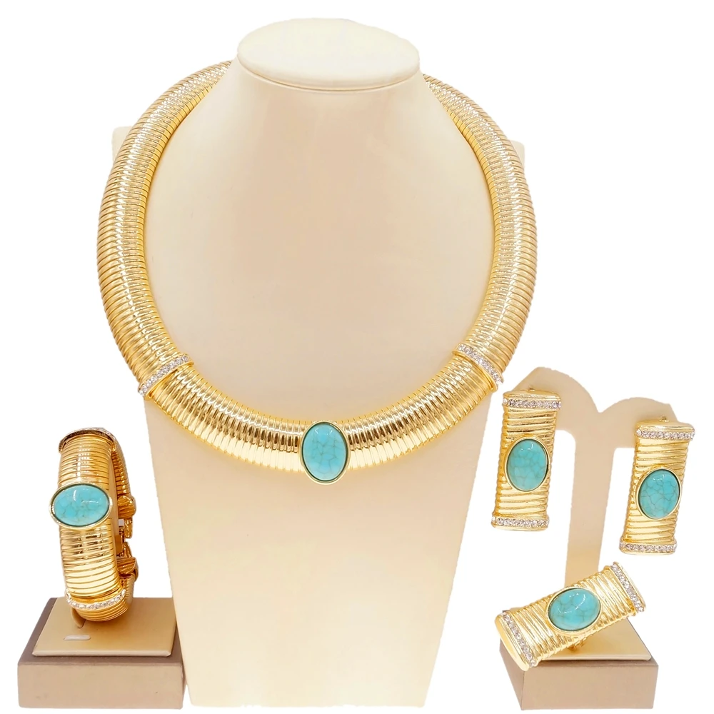 Conjunto de Jóias Conjunto de Jóias por Atacado Yulaili Nova Itália Ouro Grande Estilo Feminino Anel Duplo Colar Pulseira Brincos por Atacado Conjuntos