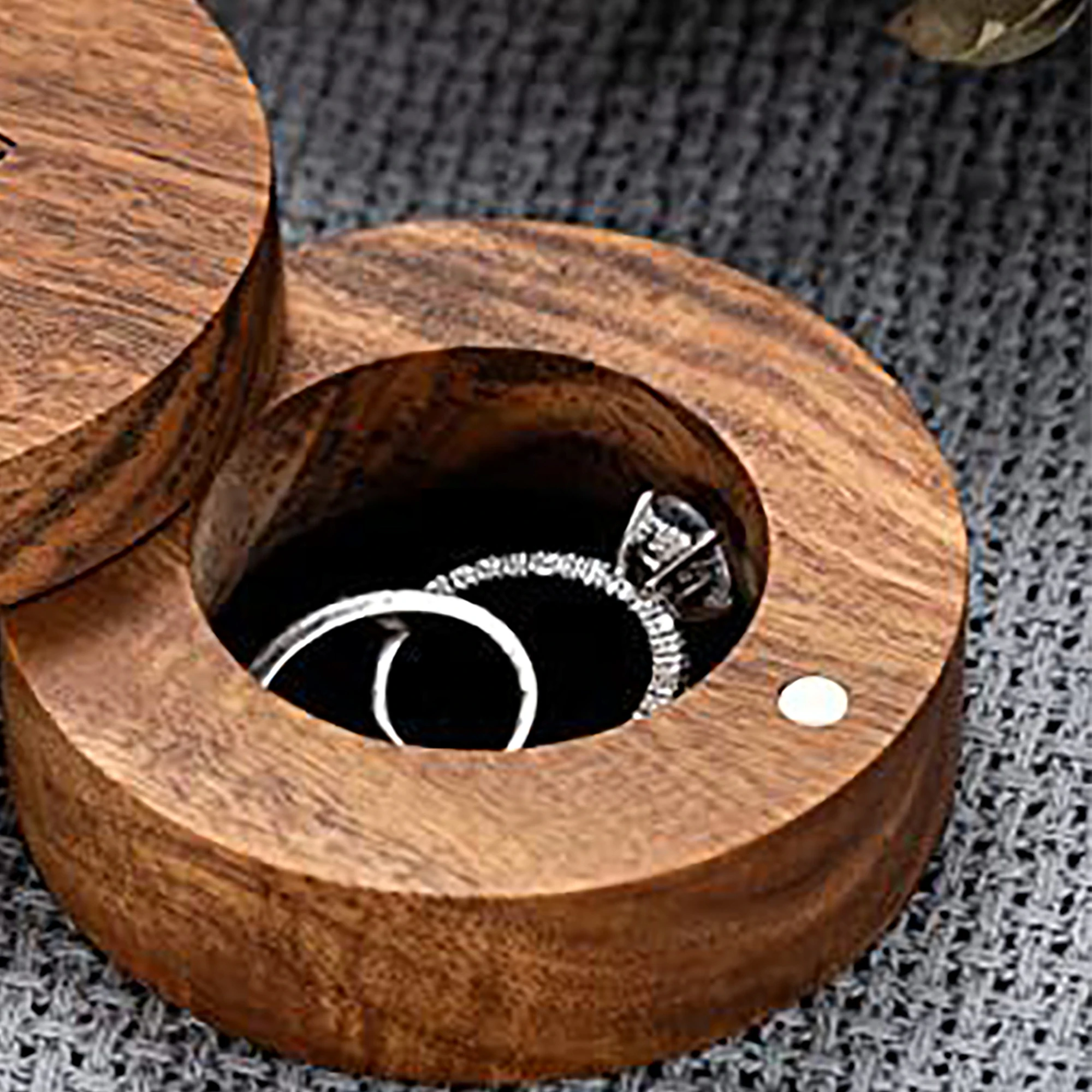 Personalised Round Wooden Jewellery Box for Couple Custom Name With Date Ring Holder Wedding Proposal Ring Bearer Rustic Gifts