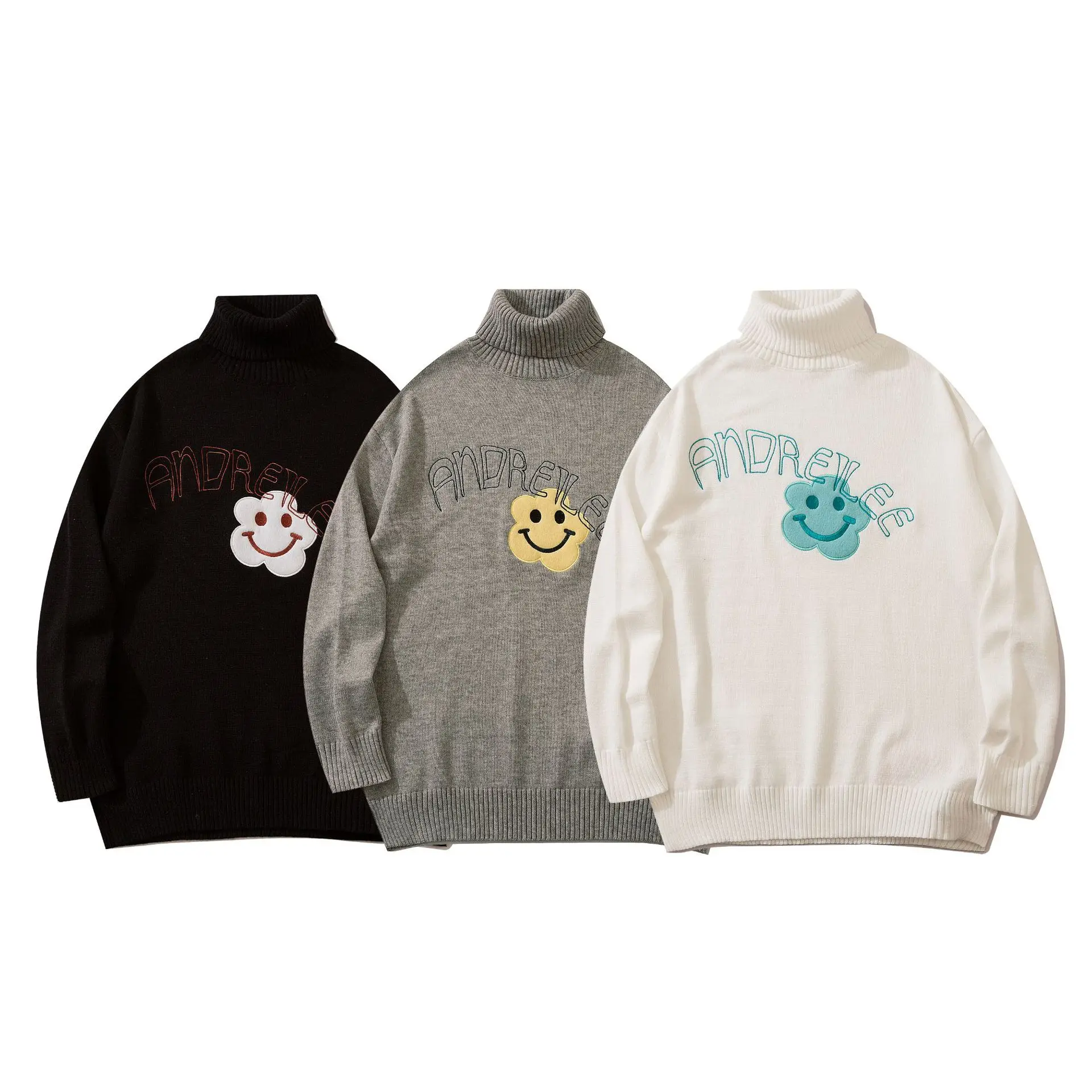

Couple Models Harajuku Knit Smiling Faces Sweater Male Wool and Mixes Korean Clothes Turtleneck Men Vintage Men's Winter Sweater