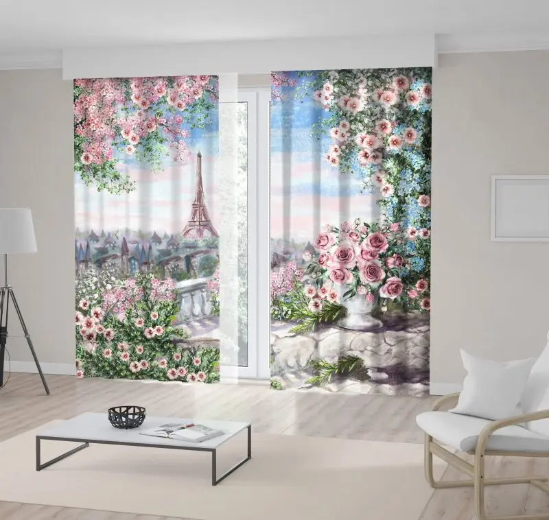 

Curtain Oil Painting Summer in Paris Rose Flower and Leaves Eiffel Tower View France Cityscape Pink Green Blue