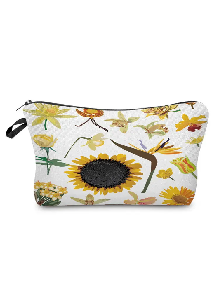 

Gold Sunflower Printed Makeup Bag For Women High Quality Organizer Multifunction Cosmetic Bag New Student Fashion Pencil Case