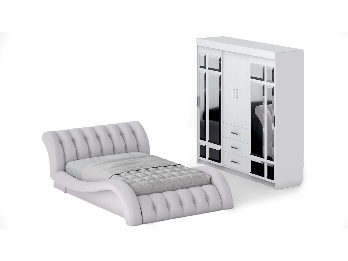 Спальный гарнитур "Волна", мебель для спальни, кровать массив и экокожа 160x200 см, вместительный шкаф 170x220 см, цвет белый