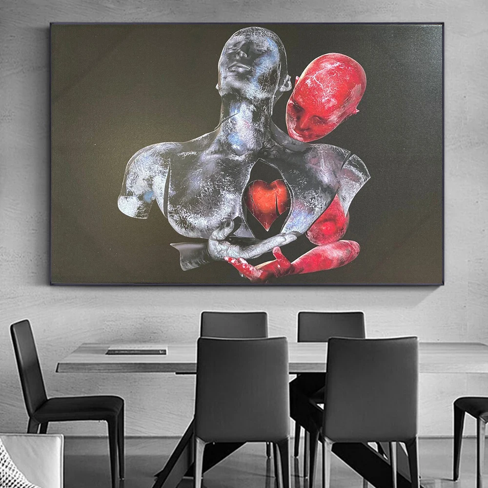 

Black and Red Abstract Metal Figure Statue Art Canvas Painting Modern Red Heart Lover Sculpture Poster Print Pictures Home Decor
