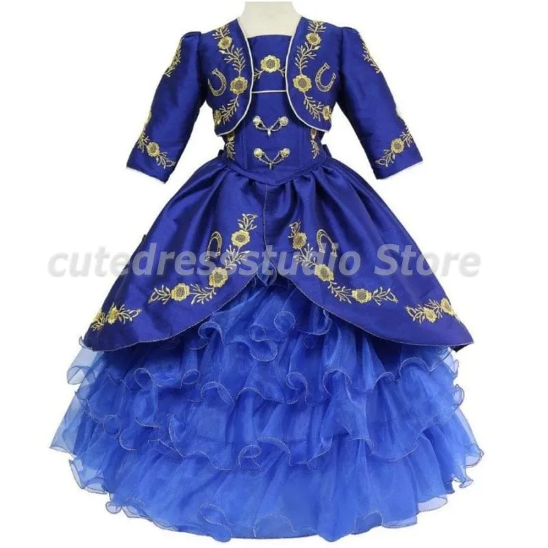 

Charro Flower Girls Dresses With Jacket Long Sleeves Embroidery Ruffles Custom Made Kids Quince Wear pageant Gowns