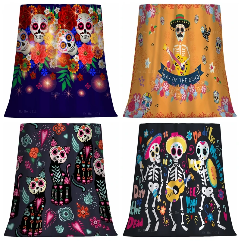 

Day Of The Dead Sugar Skull With Roses Wreath Ethnic Cat Skeleton Death Band Traditional Mexican Flannel Blanket By Ho Me Lili