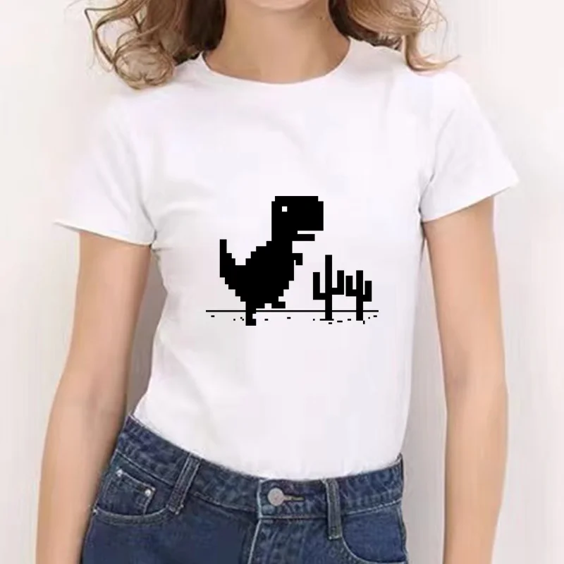 

Lovely Kawaii Dinosaur Print O-Neck White Korean Trend White T-shirt Funny Cartoon Rushed New Kawaii Short Sleeve Female T-shirt