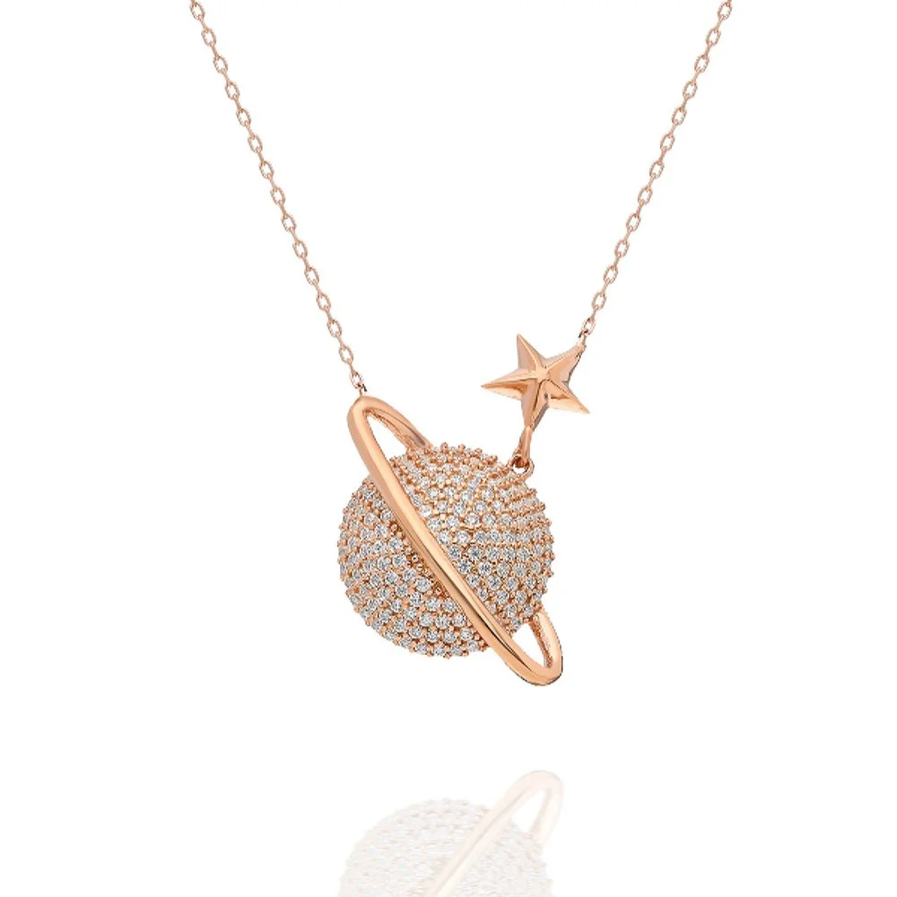Collier en argent Sterling 925 pour femmes, pendentif en pierre de Zircon Rose planète saturne, cadeau d'anniversaire, chaîne élégante et Cool de luxe