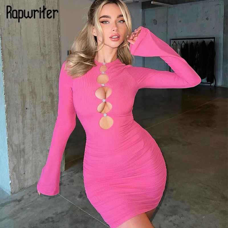 

Rapwriter Sexy Hollow Out Solid Dress Women Long Sleeve Mini Dress 90s Fashion Skinny Wrap Dress Harajuku Nightclub Party Dress
