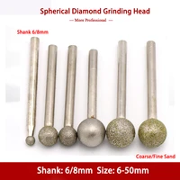 6 50mm spherical diamond grinding head round 68mmshank abrasive polishing nail bit jade stone metal cut carved drill burr tools