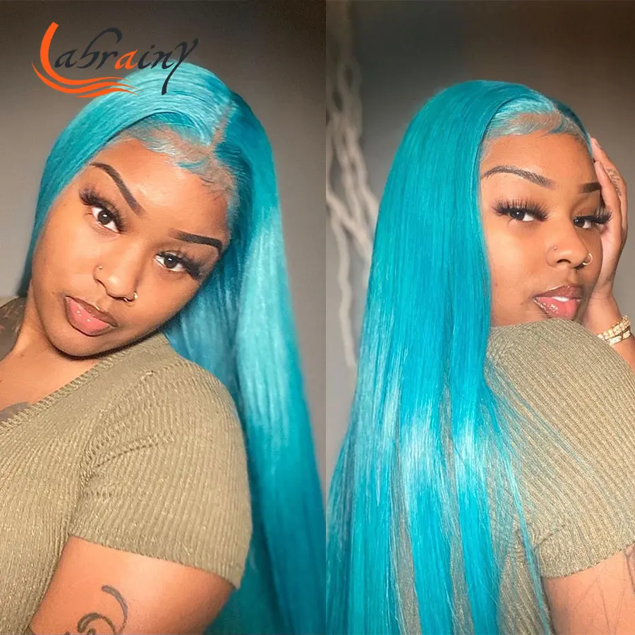 

Hd Transparent Lace Front Full Blue 40 Inches Human Hair Wigs 13X6 Lace Frontal Straight Colored Wig For Black Women Pre Plucked