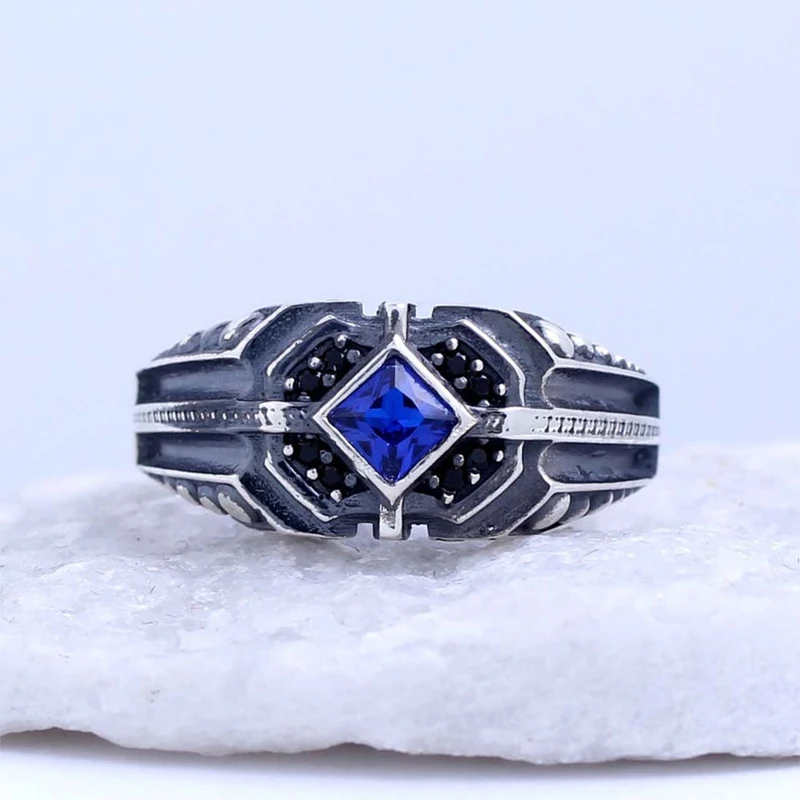 

Мужское серебряное кольцо с синим цирконием ручной работы, квадратное серебряное кольцо с цирконием, мужское кольцо с серебряным цирконием