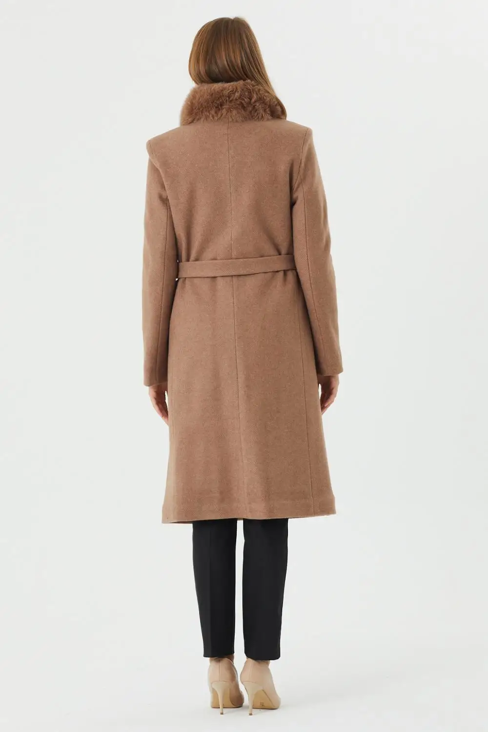 

European Size S, M, L, XL (36, 38, 40, 42) = 4 ITEMS : Women's Fox Fur Collar Belt Closure Coat Wool Fabric Brand Name NFree