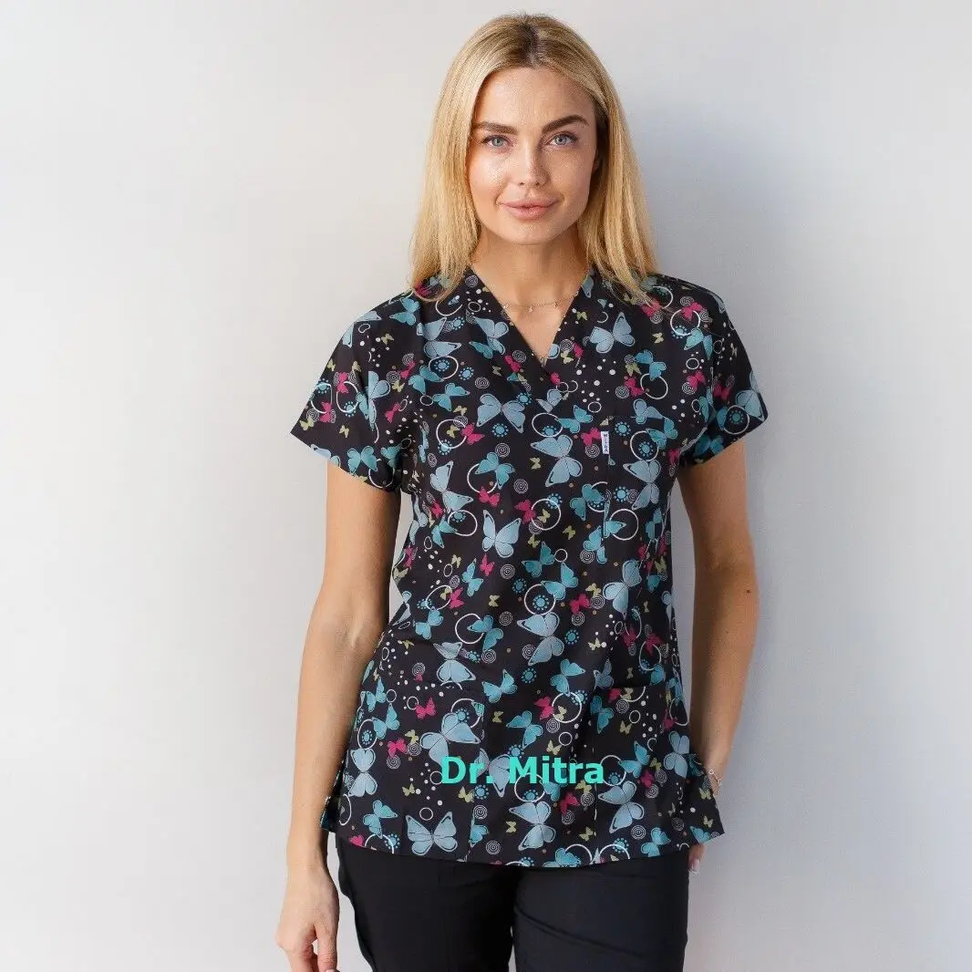 

Cotton Cartoon print spa uniform beauty salon Pet shop uniform Fashion Slim Fit top scrub clothes women scrubs lab coat