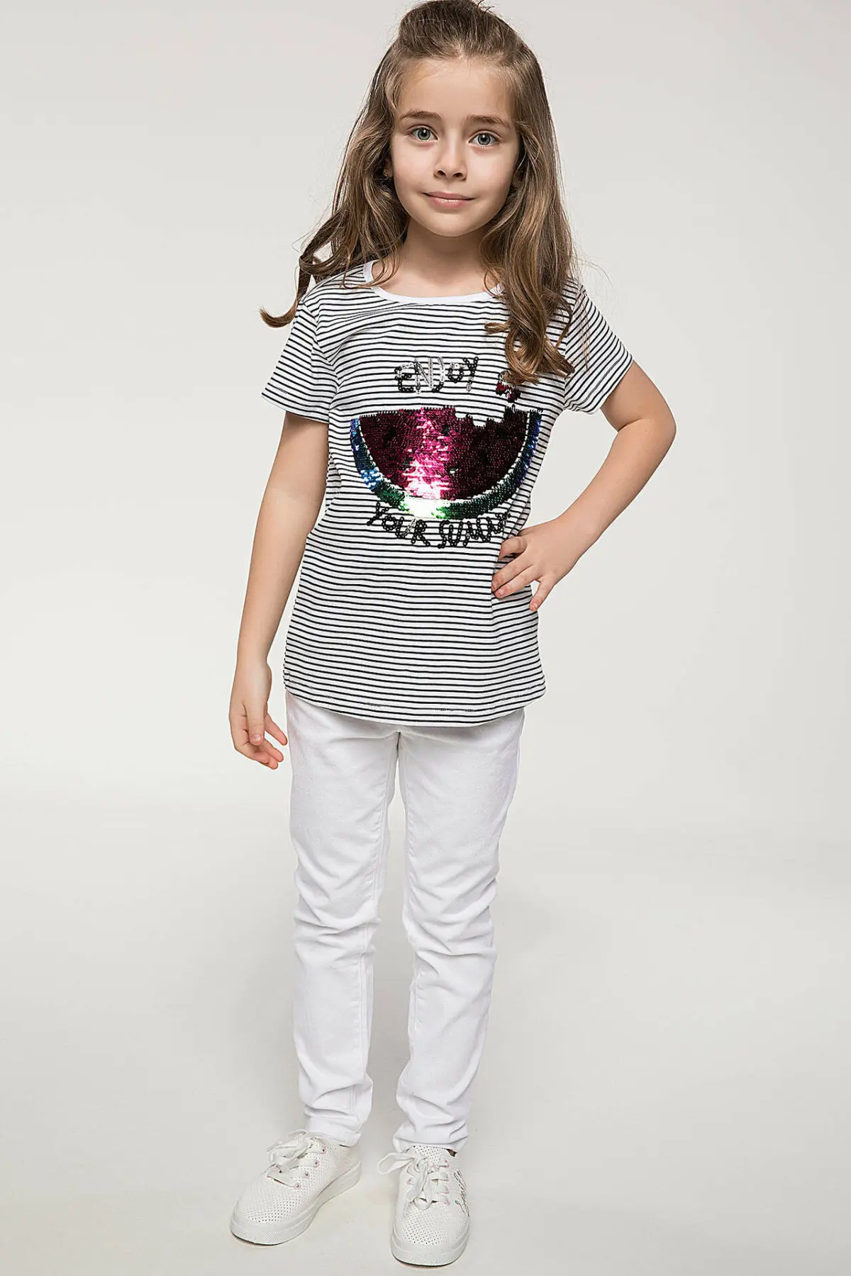 DeFacto Girl Summer Sequins Top Tees Girls Casual Striped T-Shirts Kids White Black Striped Short Sleeve Body Tees-J3925A618HS