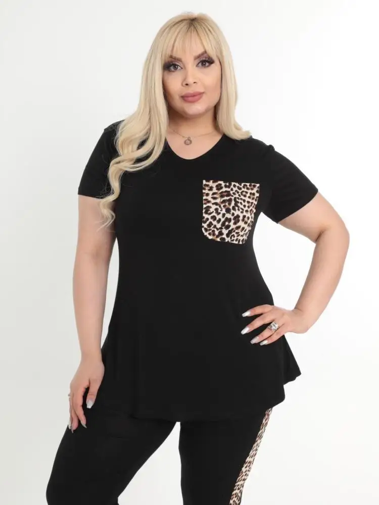 Plus Size Sets Two Pieces Woman Pajamas Sleeping Suits Outfits Track Suit 2022 Black Leopard Lycra Viscose Made in Turkey