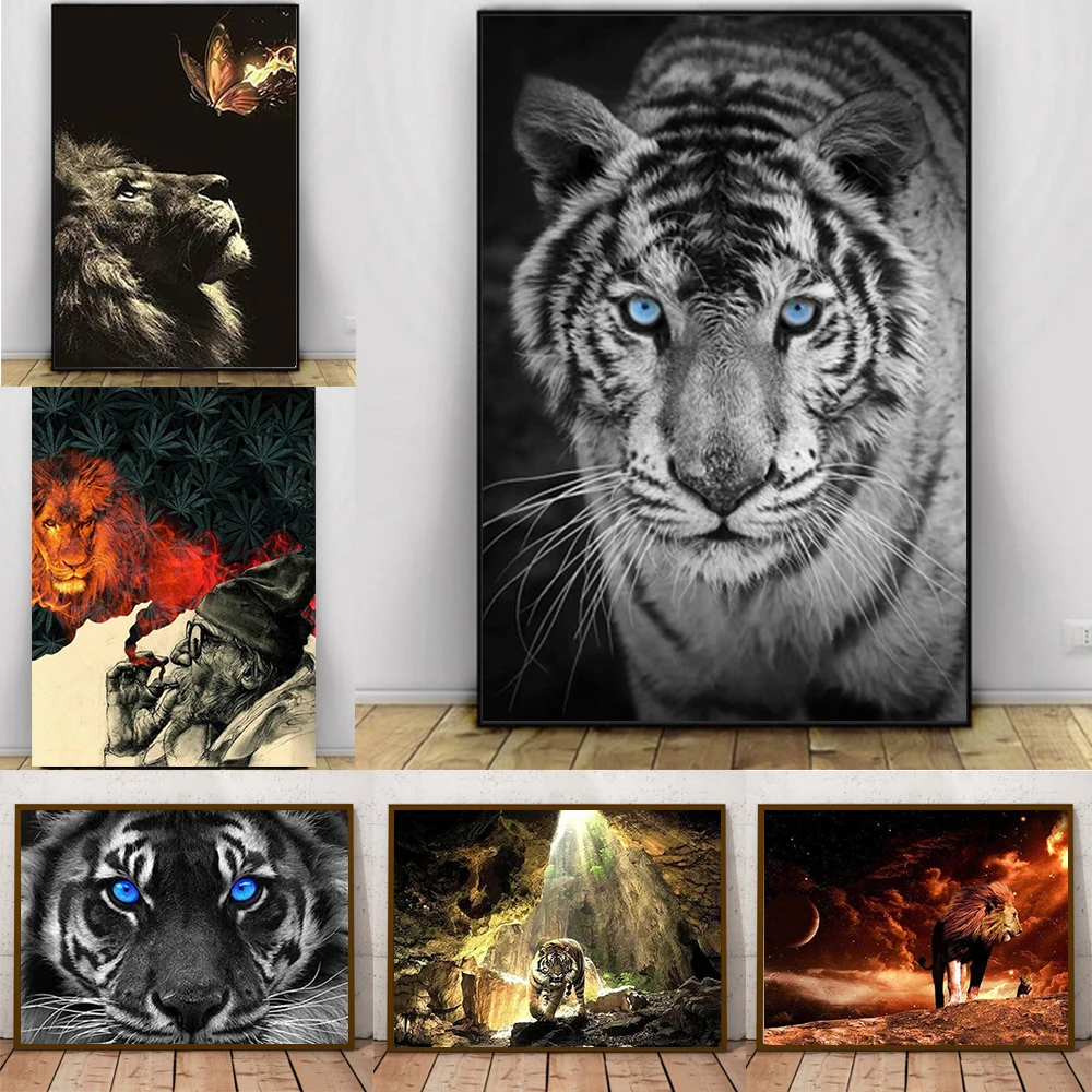 

Animal Tiger Leopard Posters King Of The Forest Lion and Nature Landscape Painting Printed On Canvas for Living Room Home Decor