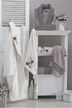 

3D Embroidered Bamboo Family Bathrobe Set Ecru Gray Color Bathing Gown Bathroom Family Set