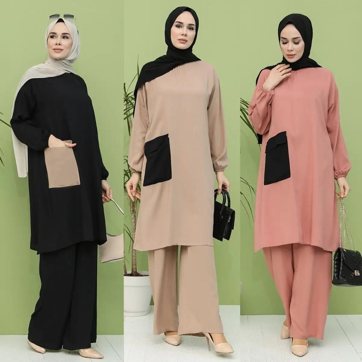 

Брюки-туника с карманами двойной костюм с длинным рукавом с нулевым воротником очень удобная женская мусульманская мода хиджаб одежда Повс...