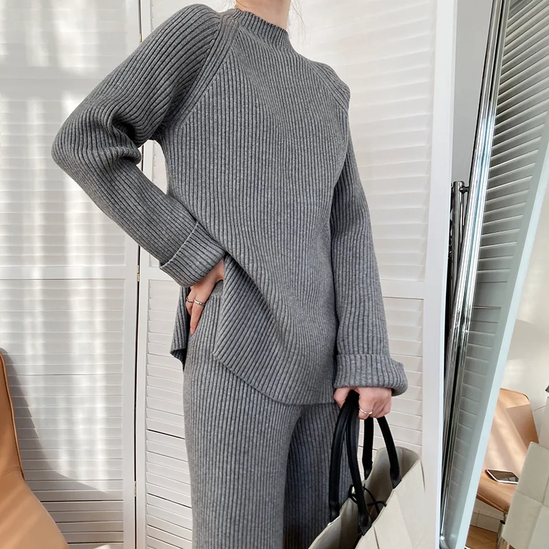 Obrix Female Cool Knitted Set O-Neck Full Sleeve Loose Sweater Elastic Waist Straight Full Length Pants Outerwear For Women enlarge