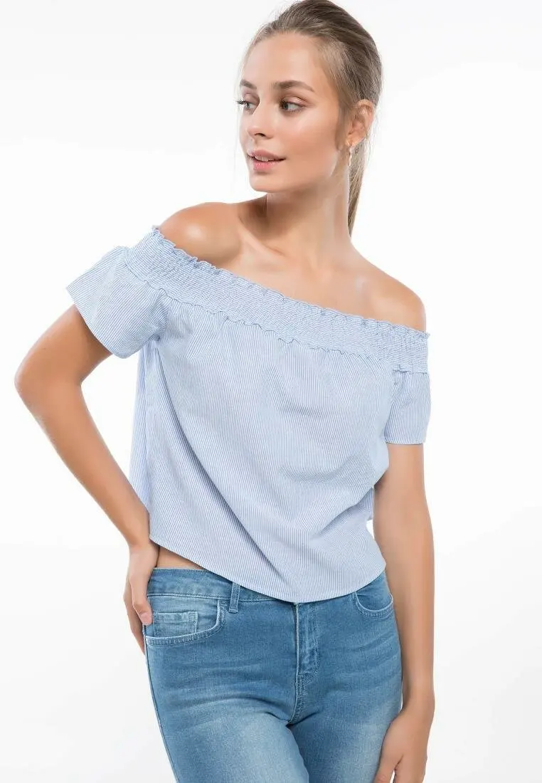 DeFacto Милая женская блузка с коротким рукавом модная полосатая рубашка открытыми