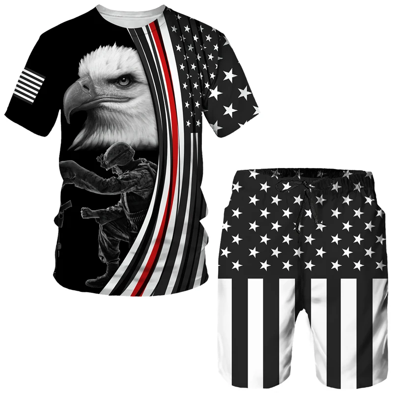 

Мужская футболка/костюм с 3D-принтом флага США и орла, летний модный костюм с коротким рукавом, мужской спортивный костюм в стиле Харадзюку