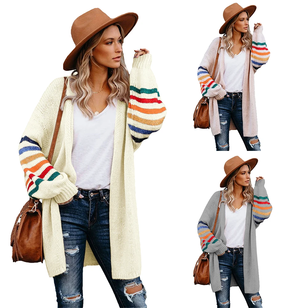 

Women Vogue Jumper Open Front Sweaters Classical Baggy Color Block Knitted Tops Female Casual Long Sleeve Patchwork Cardigan