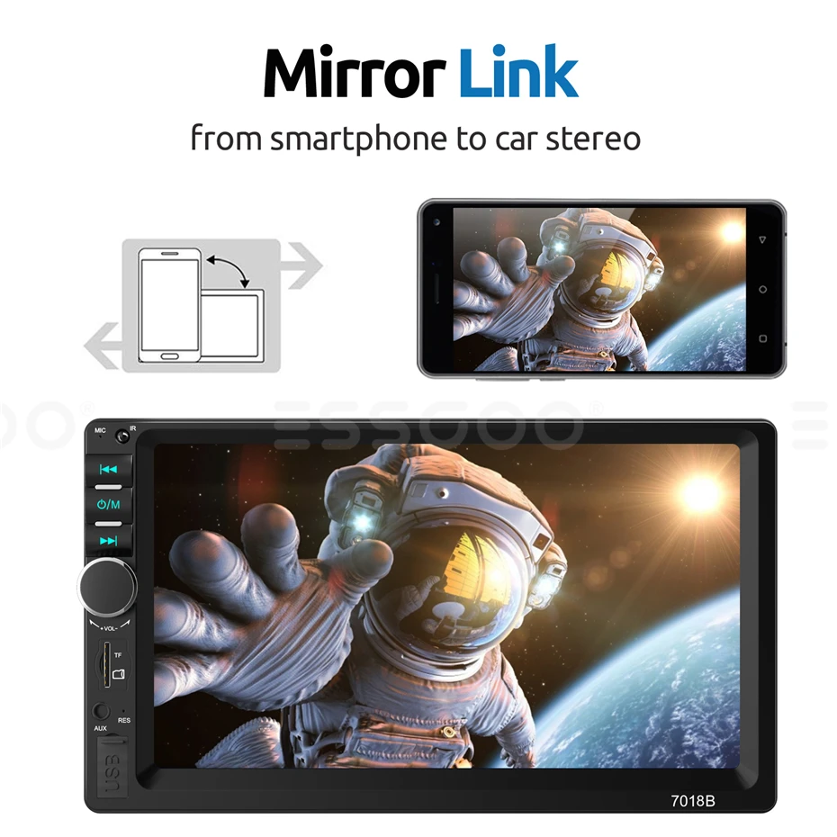 Фото Автомагнитола ESSGOO, 2 Din, 7-дюймовый сенсорный экран, MP5, стерео, FM, Bluetooth, USB, AUX, Mirror Link, 7-цветная подсветка, мультимедийный плеер №2