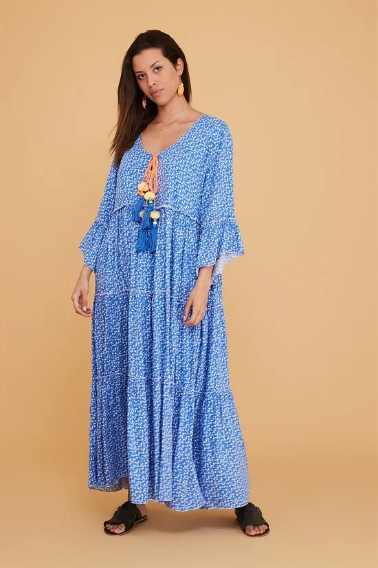 Crispy Pattern Tasseled Viscose Fabric For Women Blue Color Long Boho Dress Bohemian Style Clothing 2022 New Fashion Xs To 5xl