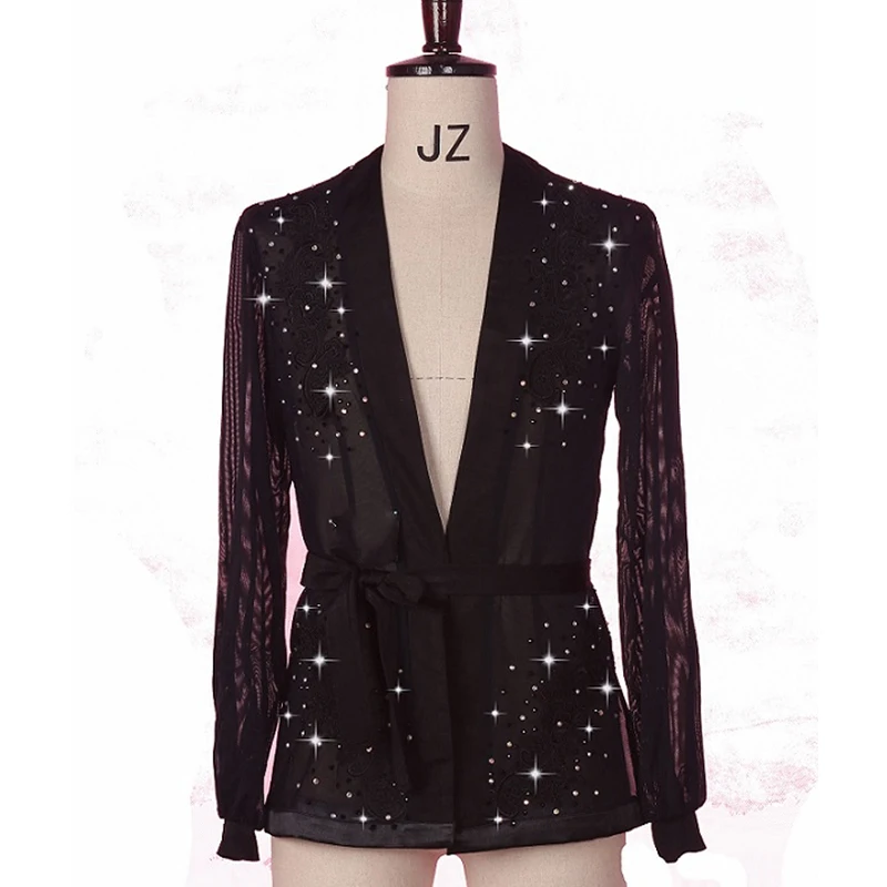 

New Latin Dance Shirts Men Long Sleeve V Neck Sequin Diamond Tops Ballroom Shirt Practice Wear Competition Dancing Clothes