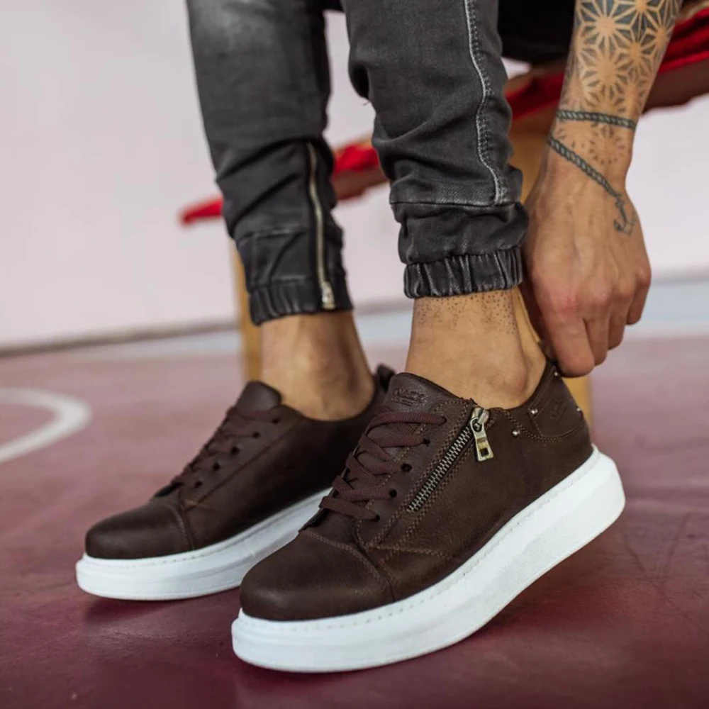 

Knack Casual Men's Shoes Brown Color (White Sole) Comfortable Stitched High Sole Vivid colors Patterned Artificial Leather Zipper Lace-Up Closure Summer Season Fashion Sport Walking Use Shoes casual men sneakers 555
