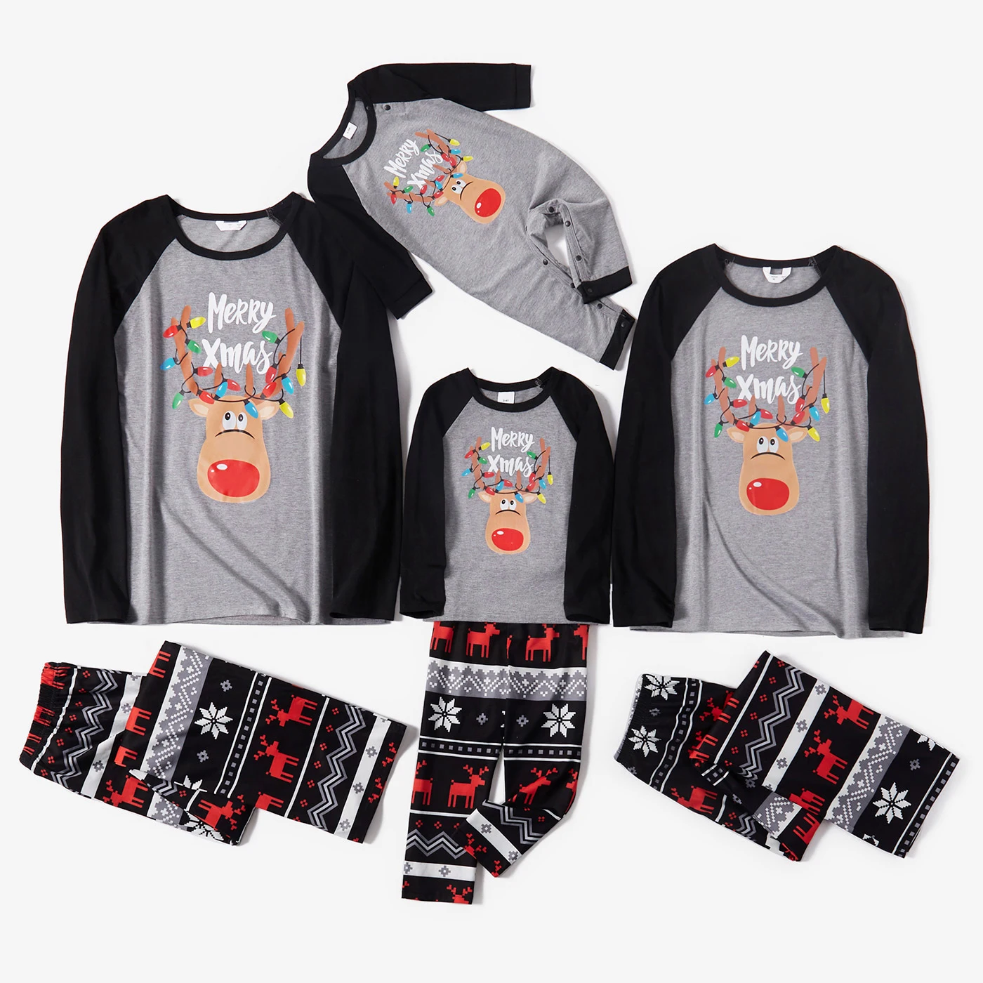 

PatPat Christmas Deer and Letter Print Grey Family Matching Raglan Long-sleeve Pajamas Sets (Flame Resistant)