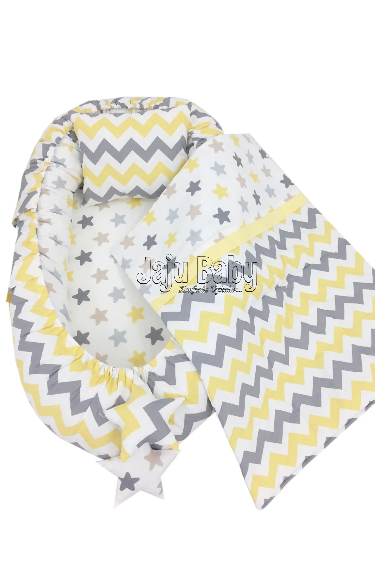 Jaju Baby Handmade Gray and Yellow Zigzag, Starry Design Babynest Luxury Orthopedic 3 Pieces Set Mother Side Portable Baby Bed