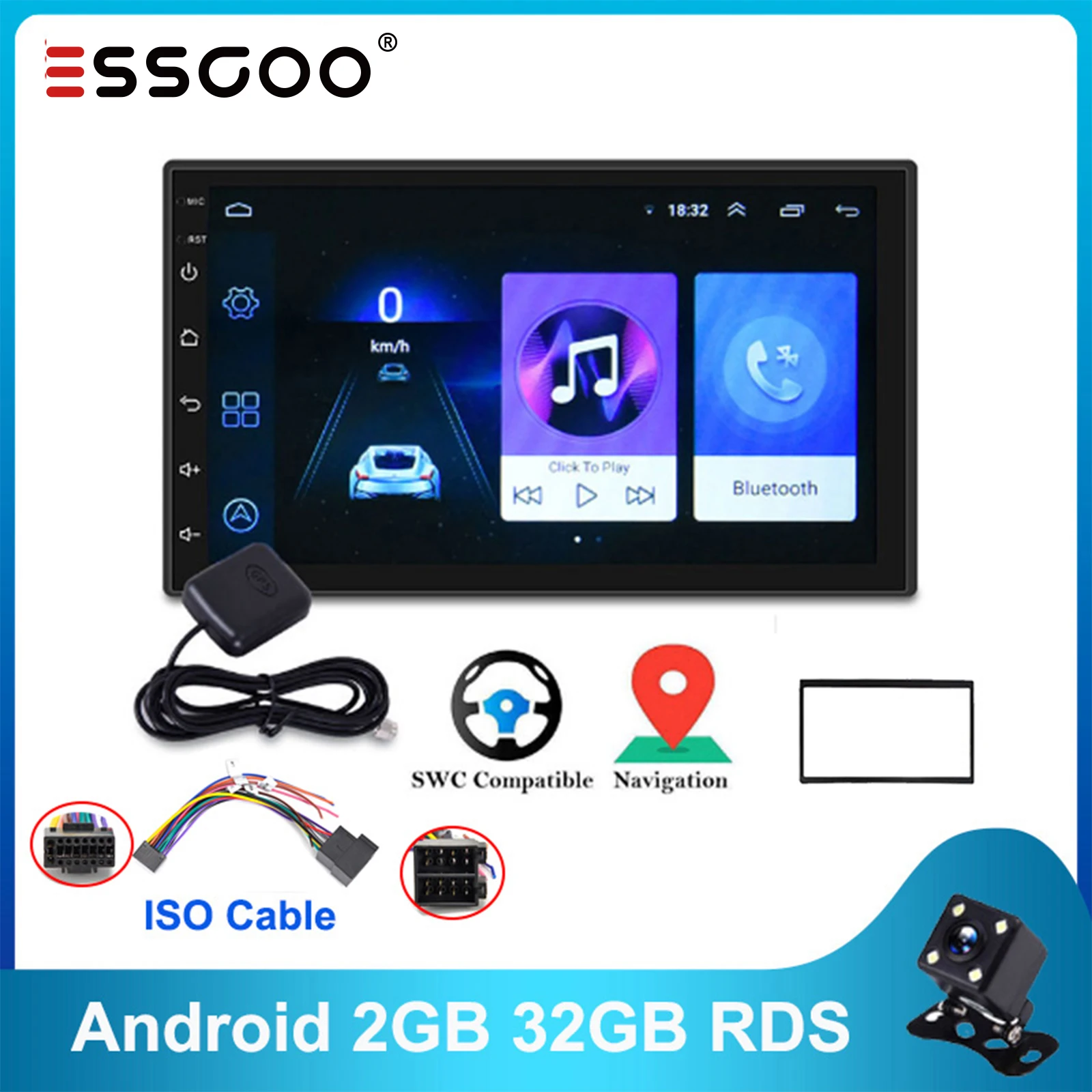 $65.44 ESSGOO 7 Inch Android 9.1 Radio 2 Din Car Stereo RDS 2GB 32GB Autoradio Carplay Gps Navigation Universal Wifi For Nissian Toyota