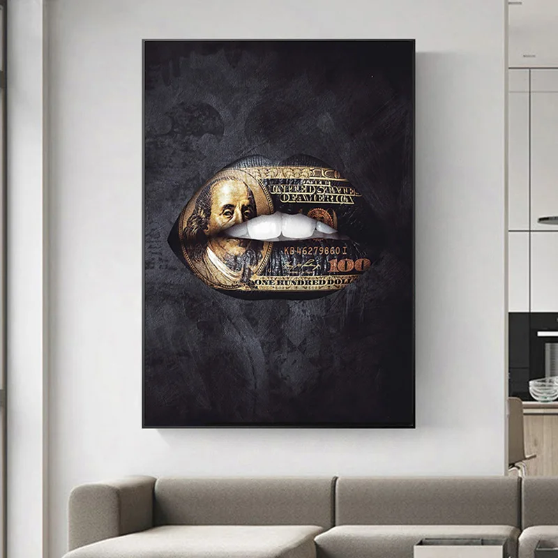

Graffiti Gold Standard Lips Canvas Painting Wall Art Black Luxury Money Dollar Mouth Poster Prints For Living Room Home Decor