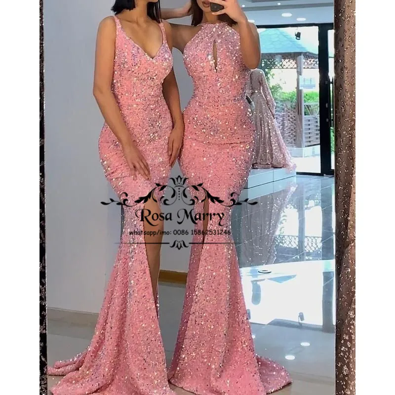 

Sexy Pink Sequined Mermaid African Bridesmaids Dresses 2021 Mix Style Plus Size Maid of Honors High Split vestido dama de honor