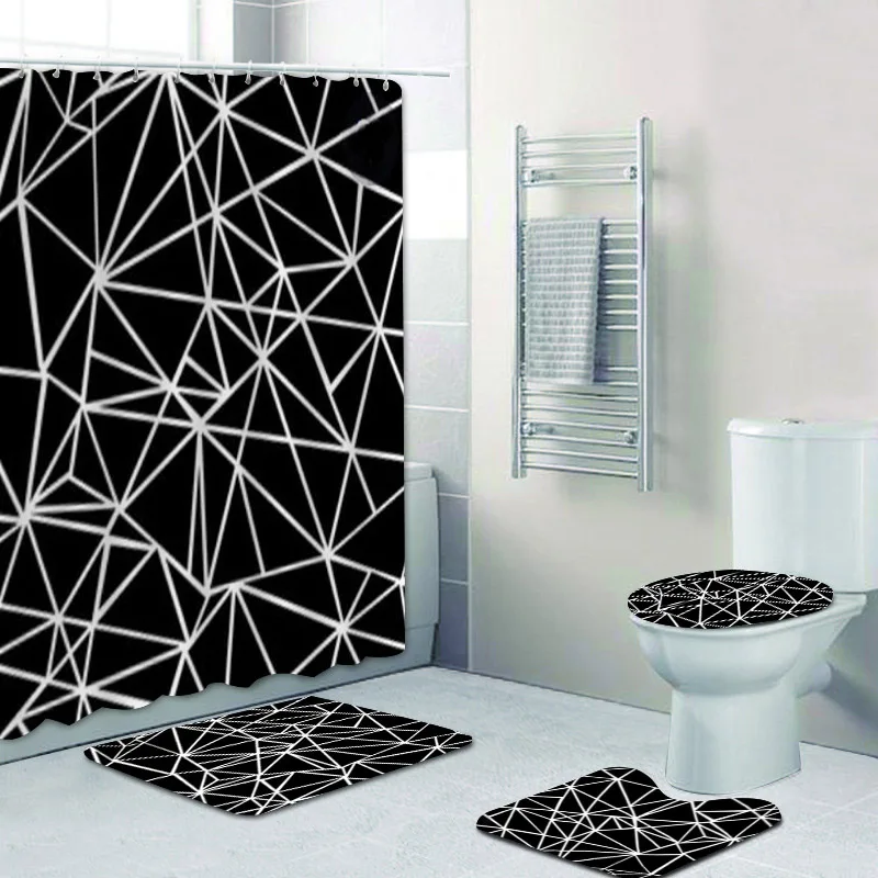 

Trendy Abstract Black and White Geometric Mosaic Triangles Shower Curtain Set for Bathroom Decor Hipster Lattice Toilet Mats Rug