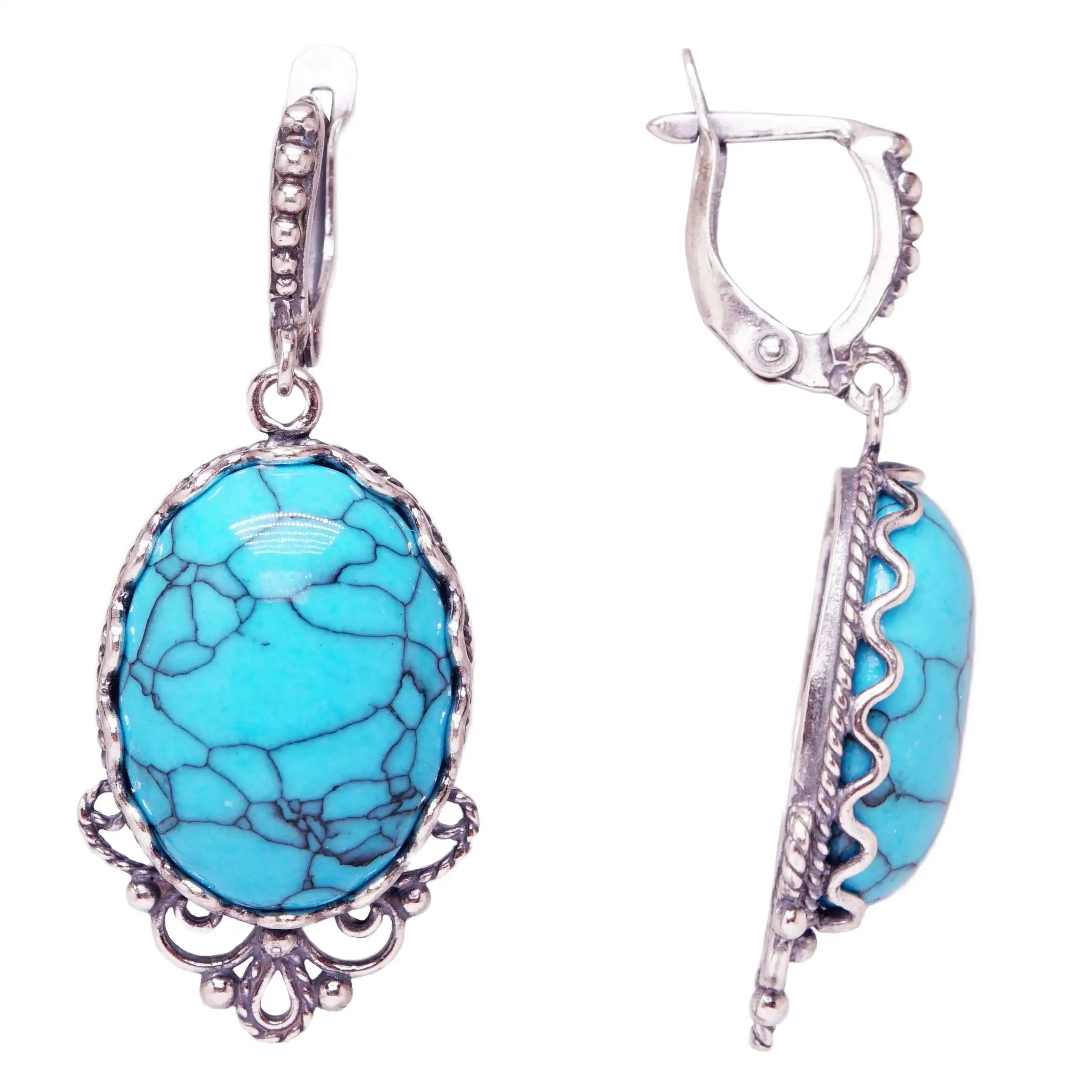 Серьги &quotКрасимира&quot бирюза синяя посеребрение 12мк филигрань скань комплект