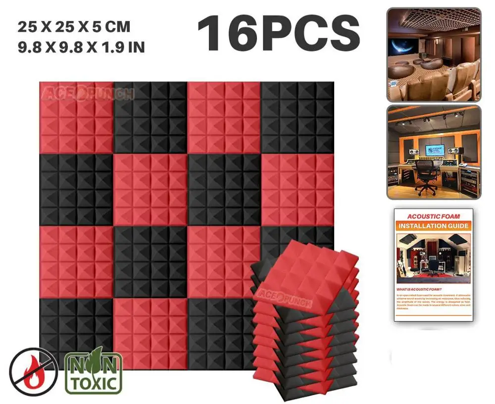 Black and Red Arrowzoom 16 шт. набор цветов 9," x 9,8" x 1," Пирамида плитка студия Звукопоглощающая Панель акустическая пена AZ1034 - Цвет: Black and Red
