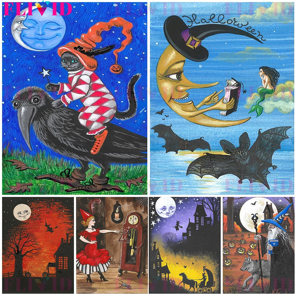

Crescent Moon And Mermaid Wall Art Black Cat Flying On Crow Canvas Painting Salem Witch Monster Ghost Poster And Print Decor