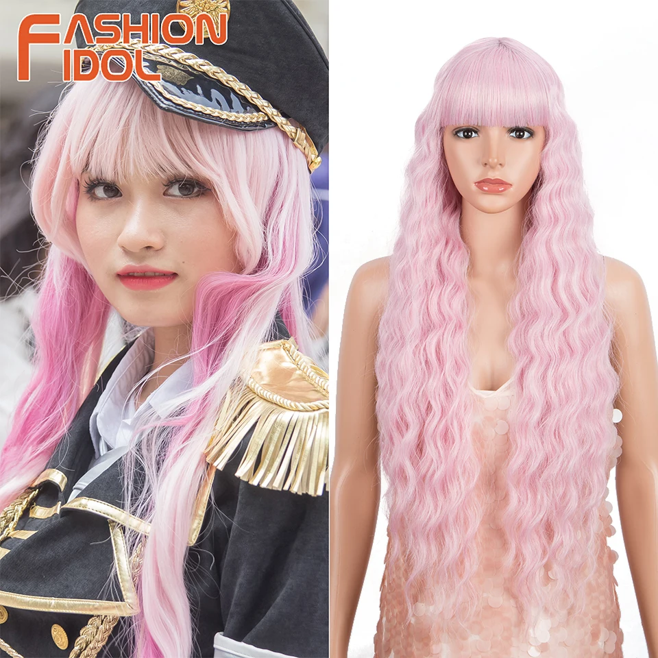 

Lolita Pink Synthetic Wig With Bangs Long Curly Wave Hair 32 Inch Wig Cosplay Blonde Heat Resistant Wig For Women FASHION IDOL