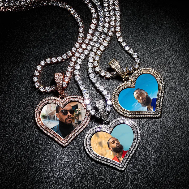 

Ожерелье с подвеской в виде сердца с фотографией памяти на заказ, микро-ПАВЕ, мужское украшение в стиле хип-хоп, яркая индивидуализированная...