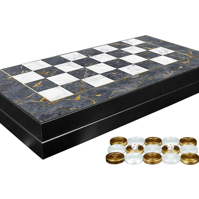 Classic Gray Marble Board Game Luxury Backgammon Checkers Set With Chips And Dices