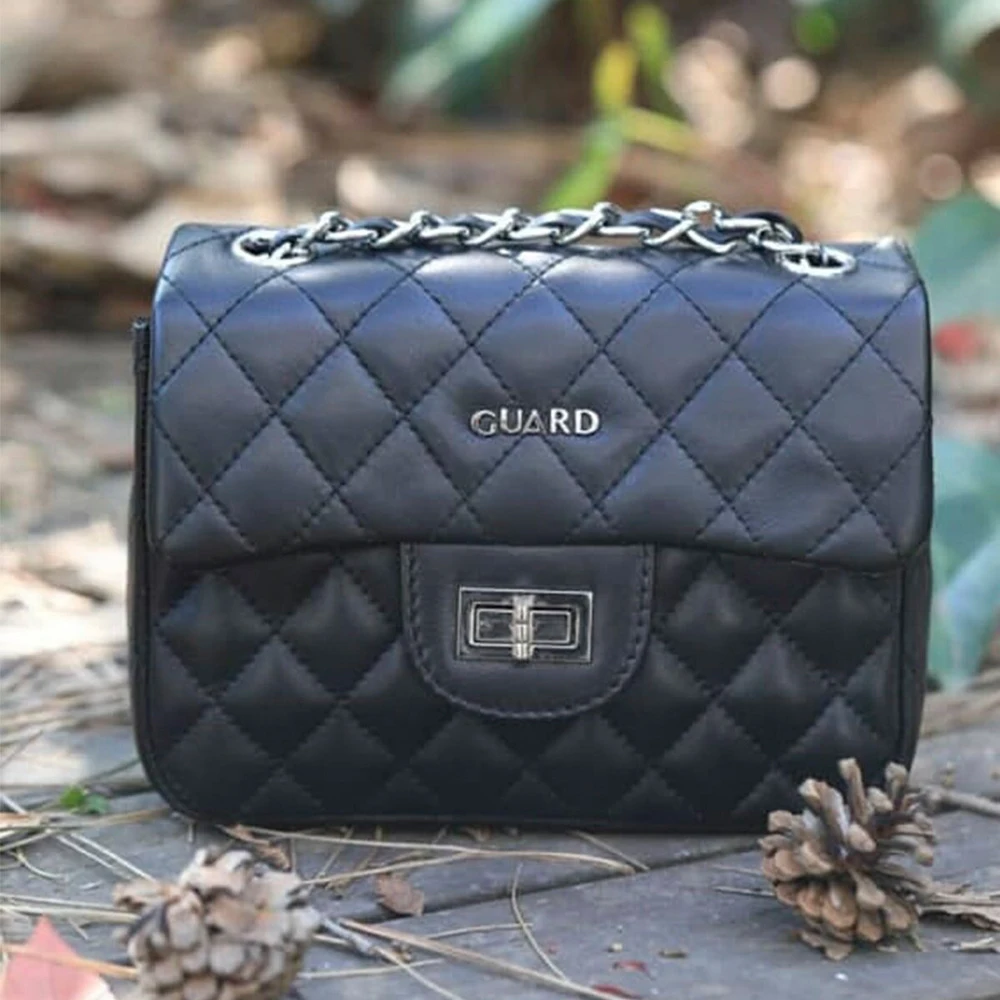 

Black Capitone Printed Chain Leather Women's Handbag, Women's Shoulder Bag Black