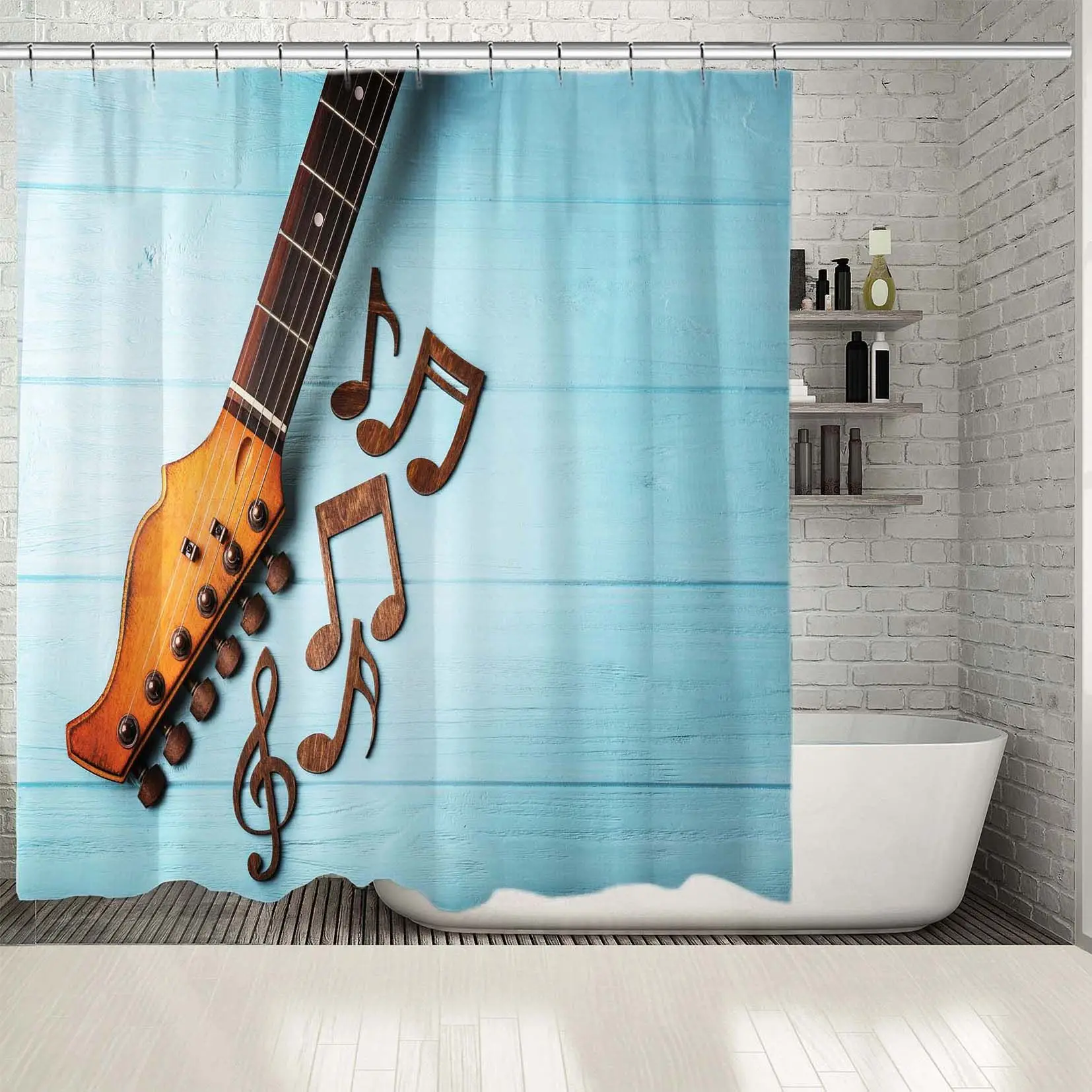

Shower Curtain Guitar Neck And Music Notes Clef on Blue Color Wooden Wall Artistic Photo Printed