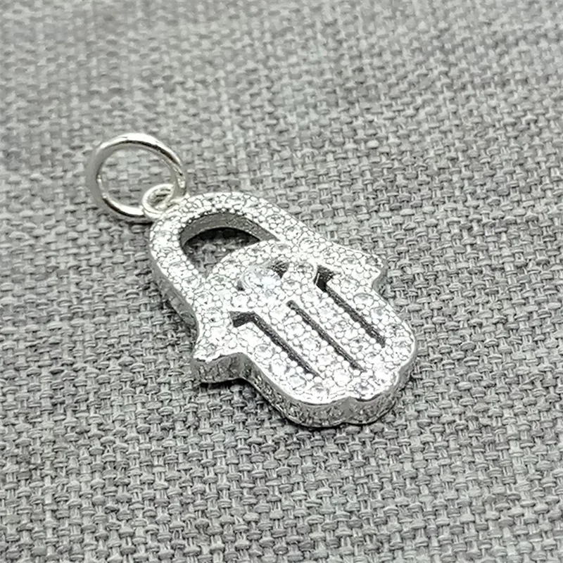 

925 Sterling Silver Shiny Hamsa Hand Charm w/ Zircon for Bracelet Necklace