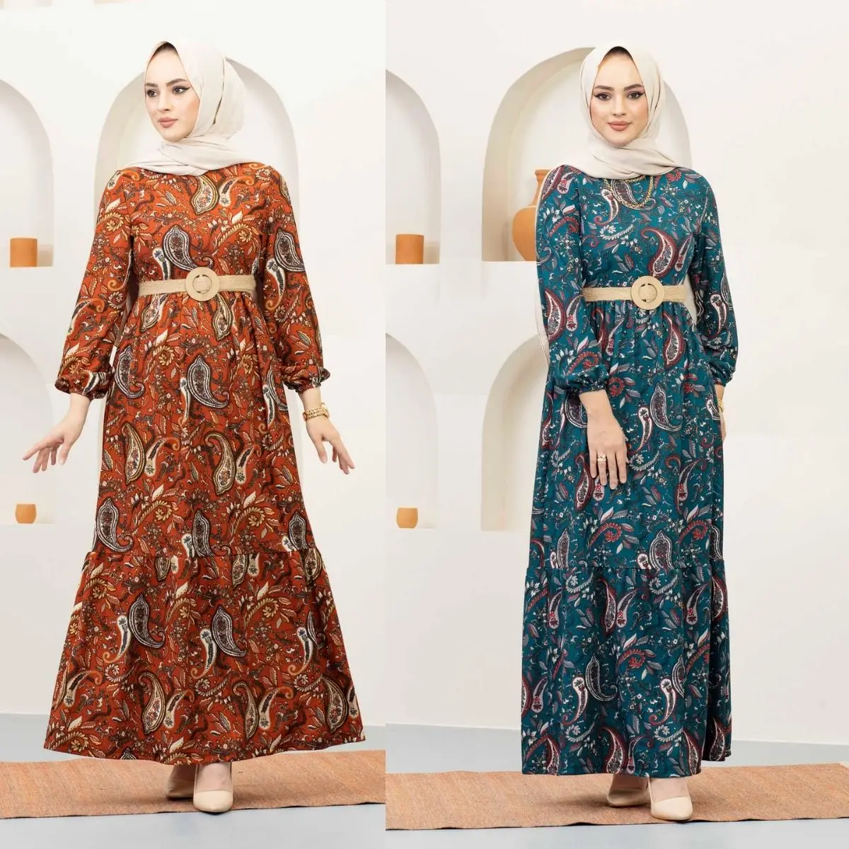 

Flowers Patterned Dress Clothing Belt Hijab Long Elastic Sleeve Zero Collar Seasonal Winter Summer Islamic Turkey Istanbul Dubai