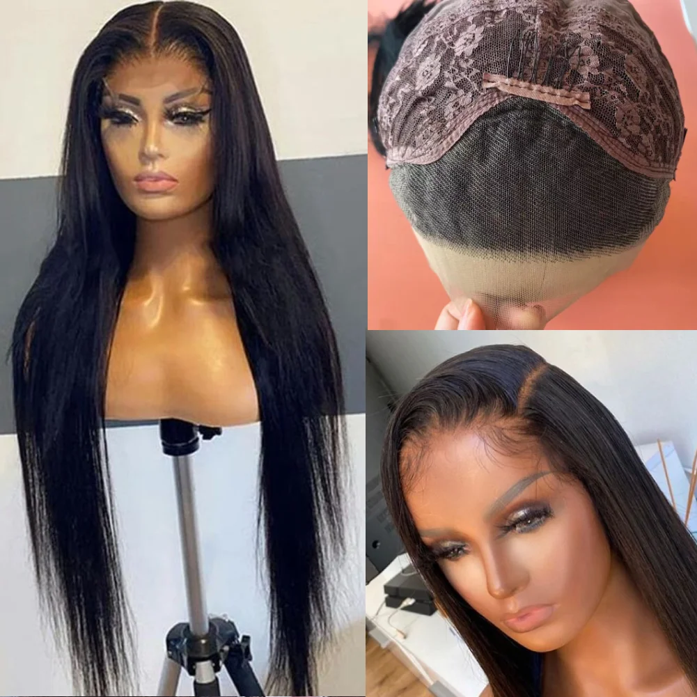 13x3 Lace Front Wigs Synthetic Hair Straight Free Part 24inch Black Wig with Baby Hair Half Hand Tied Realistic Heat Resistant