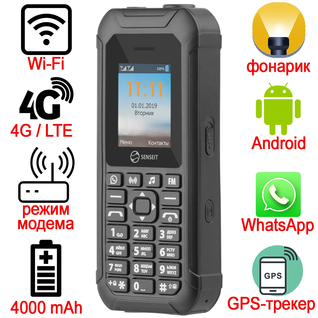 Phone Cheap SENSEIT L250 Mobile Push Button Cell Russian Keyboard 2 SIM PowerBank Function 4000mAh Android WhatsApp WiFi Flashlight Bluetooth GPS