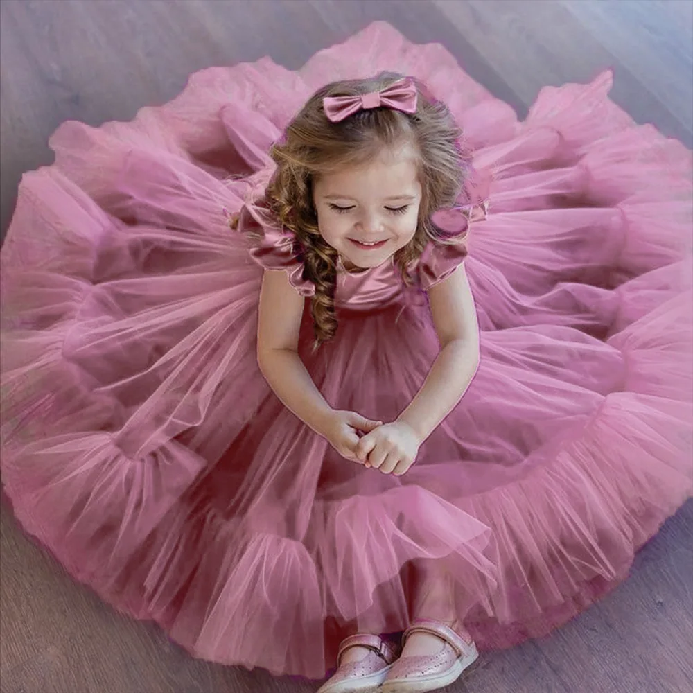 

Toddler Baby Wedding Girl Dress Fluffy 1st Birthday Party Lace Princess Dress Children First Communion Bow Clothes Gown Vestidos