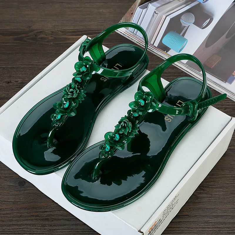 

New Women Summer Sandals Plastic Flat Heel Handmade Flower Thong Sandals Fashion Candy Color Flip Flops Ladies Beach Shoe SHW077